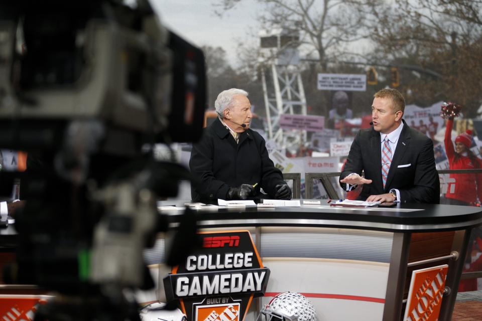 ESPN analysts Kirk Herbstreit, right, and Lee Corso broadcast from the set of ESPN's College Gameday before a NCAA Division I college football game between the Ohio State Buckeyes and the Penn State Nittany Lions on Saturday, November 23, 2019 at Ohio Stadium in Columbus, Ohio. [Joshua A. Bickel/Dispatch]