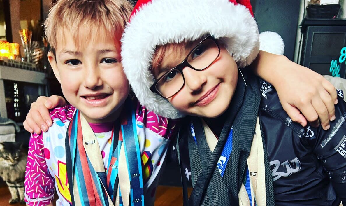 Noah King, left, and Christian King won jiu-jitsu gold medals at a competition this weekend in Ontario. (April King - image credit)