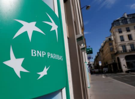 A BNP Paribas logo is seen outside a bank office in Paris