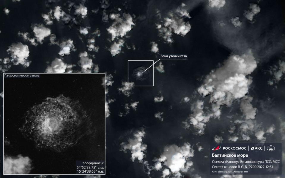 A satellite image shows gas from the Nord Stream pipeline bubbling up in the water following incidents in the Baltic Sea - ROSCOSMOS via REUTERS