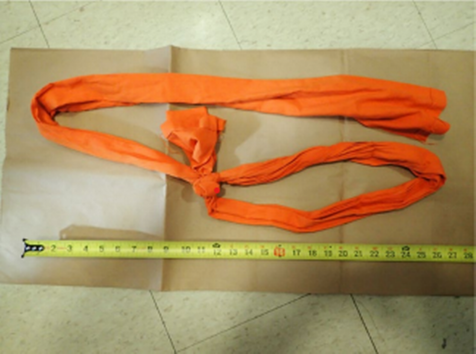 One of several nooses found in Jeffrey Epstein’s prison cell on Aug. 10, 2019. Epstein was found hanging from a different noose tied to the top of the bunkbed in the cell in what was ruled a suicide.