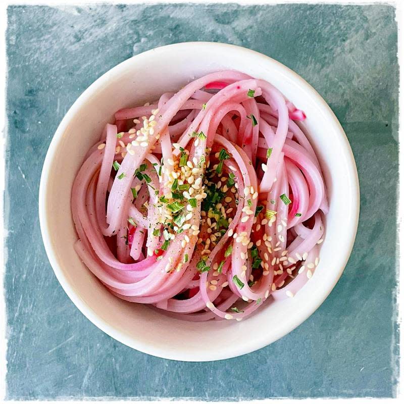 <p>Planted 365</p><p>Delicately fragrant and beautifully colored, these Hibiscus Noodles are the perfect side dish for just about any main course.</p><p><strong>Get the Recipe: </strong><a href="https://www.planted365.com/2021/02/07/hibiscus-noodles/" rel="nofollow noopener" target="_blank" data-ylk="slk:Hibiscus Noodles;elm:context_link;itc:0;sec:content-canvas" class="link rapid-noclick-resp"><strong>Hibiscus Noodles</strong></a></p>