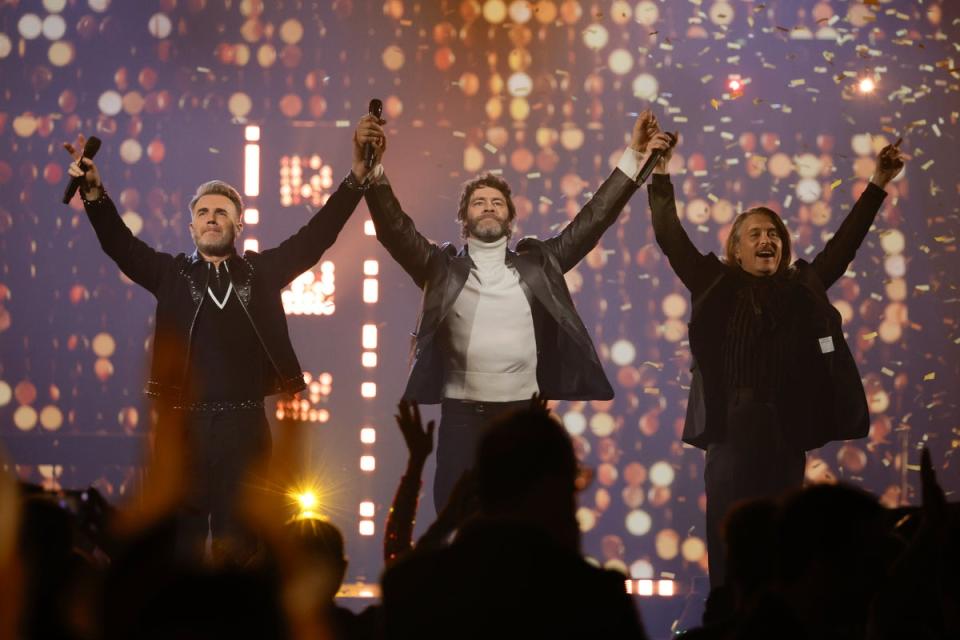 Take That perform onstage during the finale of The National Lottery's Big Bash to celebrate 2023 at OVO Arena Wembley on December 06, 2023 in London (Getty Images for The National Lo)