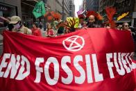 Extinction Rebellion holds a 'non-violent resistance' climate change protest in New York outside the New York Public Library