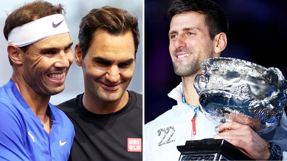 Rafael Nadal and Roger Federer are pictured on the left, with Novak Djokovic clutching the Australian Open trophy on the right.