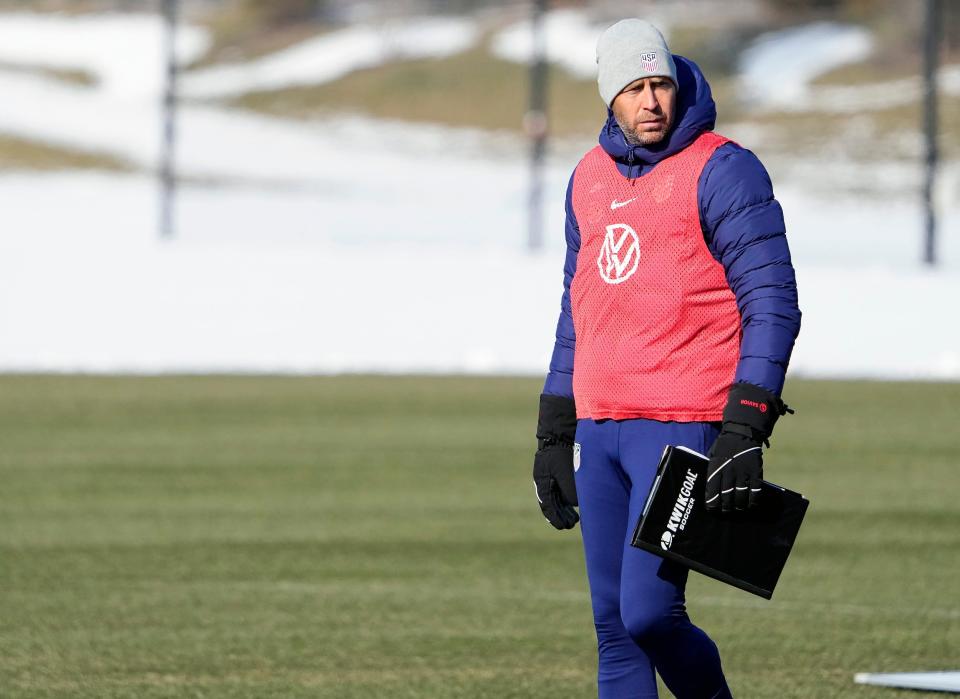 U.S. Men's National Soccer coach Gregg Berhalter watches his team practice at the OhioHealth Performance Center in Columbus, Ohio on January 26, 2022. The USMNT are getting ready for game against El Salvador for a FIFA World Cup Qualifier.