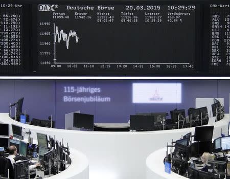 Traders work at their screens in front of the German share price index DAX board at the stock exchange in Frankfurt March 20, 2015. REUTERS/Stringer