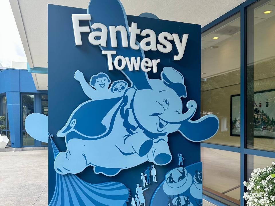 dumbo sign for the fantasy tower at disneyland hotel