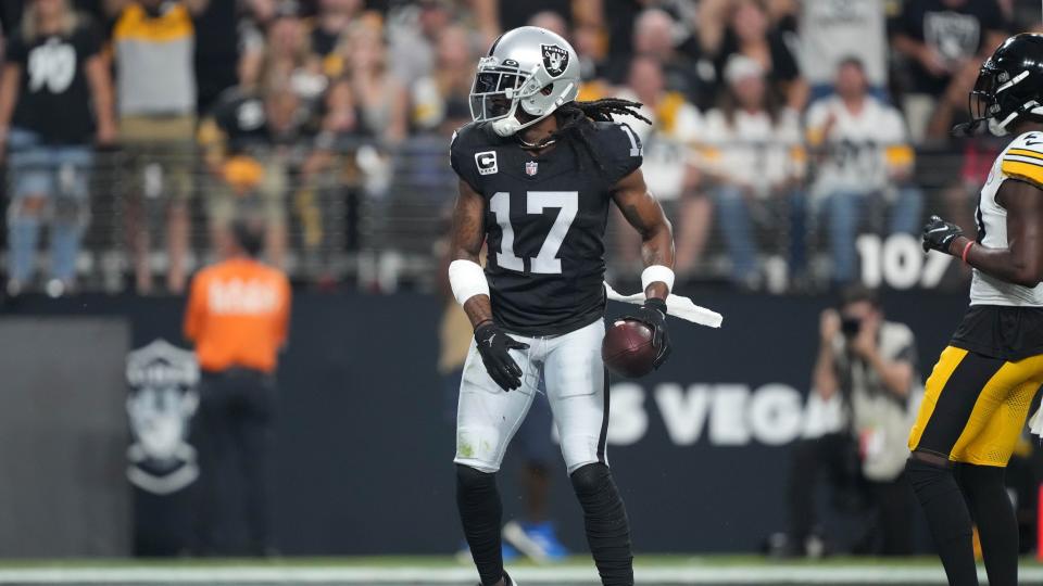 Sep 24, 2023; Paradise, Nevada, USA; Las Vegas Raiders wide receiver Davante Adams (17) reacts after catching a touchdown pass against the Pittsburgh Steelers in the first half at Allegiant Stadium.