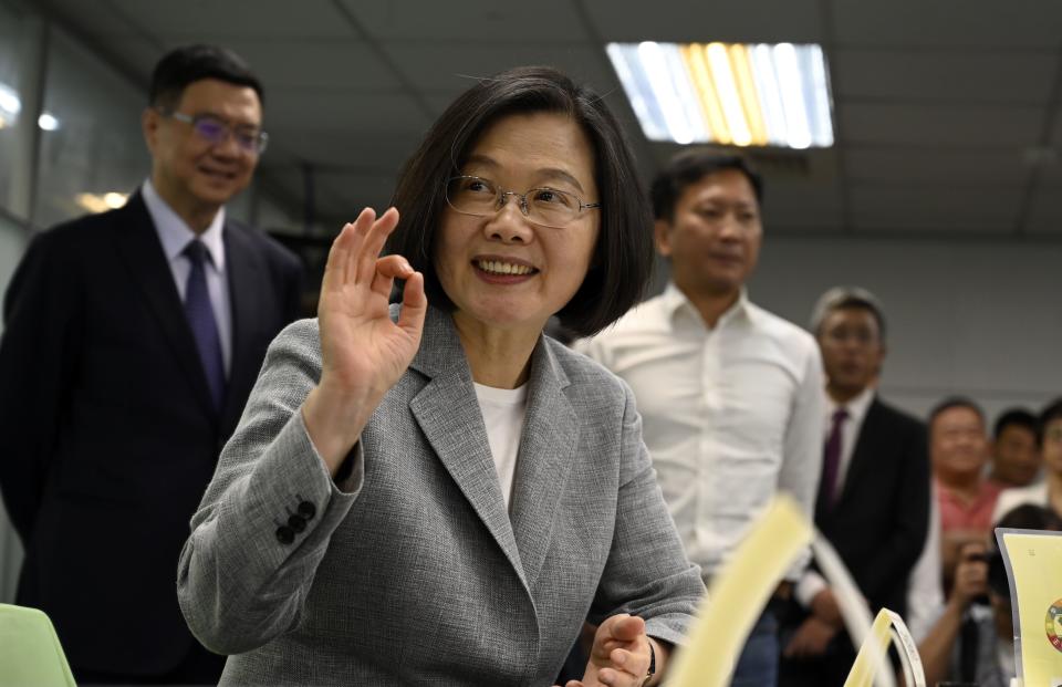 Taiwan's President Tsai Ing-wen gestures while registering as the ruling Democratic Progressive Party (DPP) 2020 presidential candidate at the party's headquarter in Taipei on March 21, 2019. (Photo by SAM YEH / AFP)        (Photo credit should read SAM YEH/AFP/Getty Images)