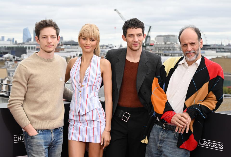 Mike Faist, left, Zendaya, Josh O'Connor and Luca Guadagnino promoting "Challengers" in London on April 11.