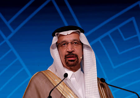 FILE PHOTO: Saudi Energy Minister Khalid al-Falih addresses the gathering during India Energy Forum in New Delhi, India, October 15, 2018. REUTERS/Adnan Abidi/File Photo