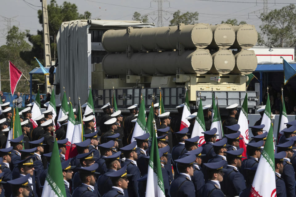 The missile system is carried during Iranian Army Day parade in front of the mausoleum of the late revolutionary founder Ayatollah Khomeini just outside Tehran, Iran, Tuesday, April 18, 2023. Iran's President Ebrahim Raisi on Tuesday reiterated threats against Israel while marking the country's annual Army Day, though he stayed away from criticizing Saudi Arabia as Tehran seeks a détente with the kingdom. (AP Photo/Vahid Salemi)