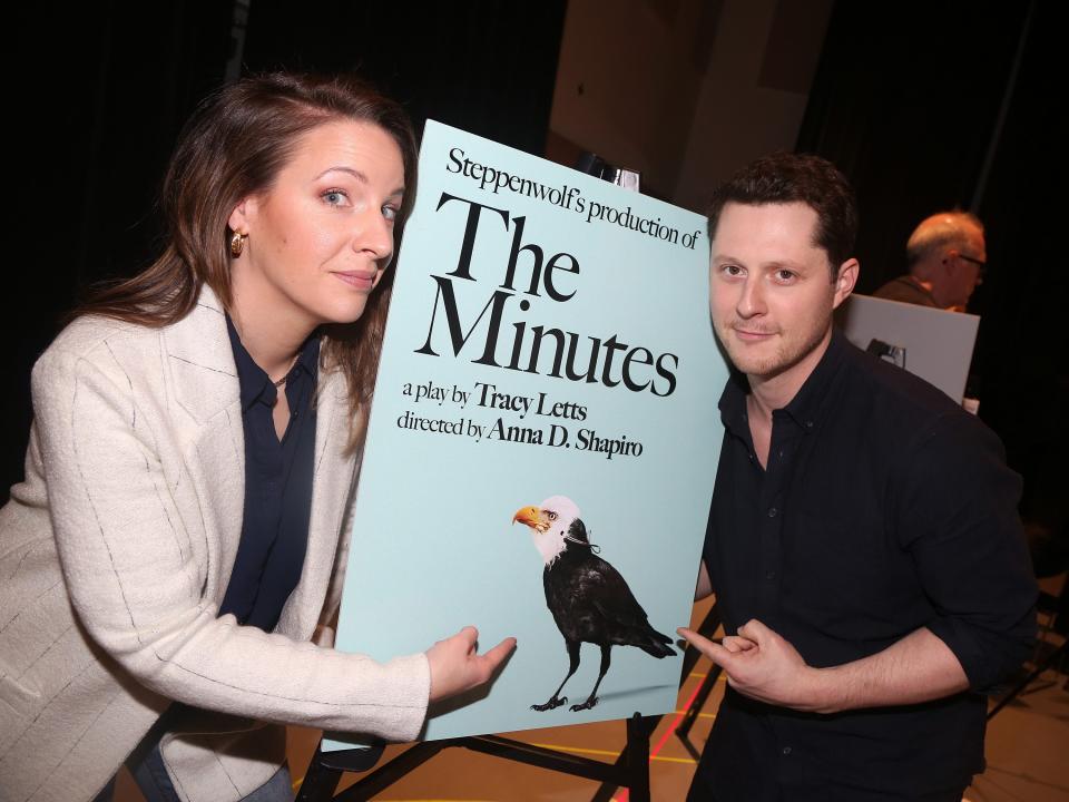 Jessie Mueller and Noah Reid pose at a photo call for the new Tracy Letts play "The Minutes" on March 9, 2022 in New York City.