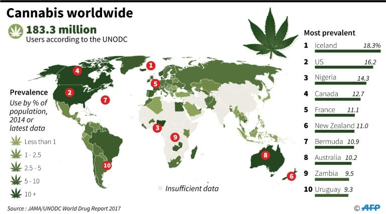 Estimated prevalance of cannabis use around the world