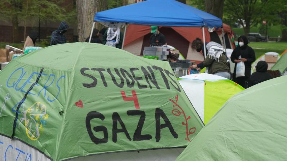 Rutgers students occupy tents and hold rallies outside Murray Hall in New Brunswick, New Jersey, April 30, 2024, as part of their protest in support of Palestinians affected by the war in Gaza.