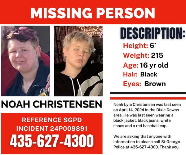 Noah, 16, was last seen in the Dixie Downs area on April 14, 2024, according to officials. He is described as being around 6' tall, weighing about 215 pounds and having black hair and brown eyes. (Courtesy: St. George Police Department)