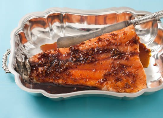 Roasted salmon is a great alternative to beef or other meats during the holidays. Brush the entire side of salmon with a glaze of soy sauce, brown sugar and ginger before roasting and once during. Your guests will be impressed when you bring this dish to the table.    <strong>Get the <a href="http://www.huffingtonpost.com/2011/10/27/soy-and-ginger-glazed-sal_n_1059380.html" target="_hplink">Soy and Ginger-Glazed Salmon</a> recipe</strong>