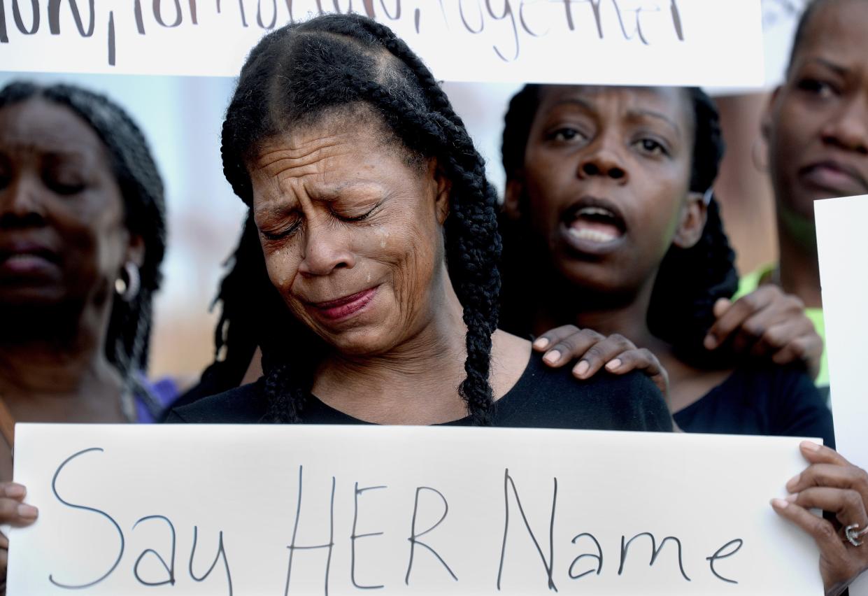 Donna Massey mourns the loss of her daughter, Sonya Massey, who was fatally shot in her home on July 6. Donna Massey was attending a protest in front of the Sangamon County Building on July 12, 2024. A former Sangamon County Sheriff's deputy has charged with murder.