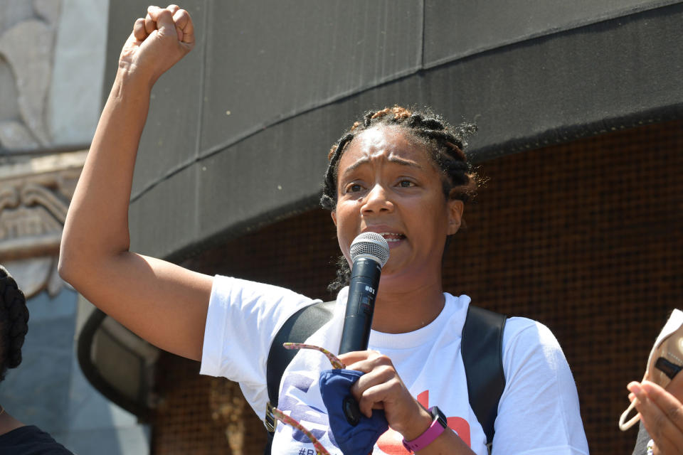 <p>Tiffany Haddish raises her voice in an impassioned speech during The Laugh Factory's Say Their Names: A Civic Engagement Event in Hollywood on Saturday.</p>