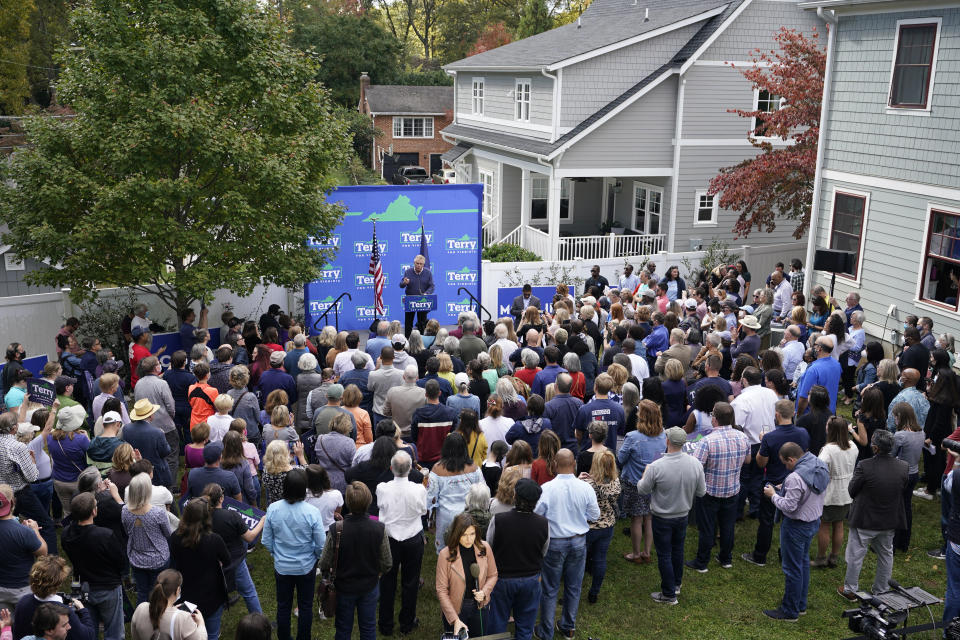 Democratic gubernatorial candidate former Virginia Gov. Terry McAuliffe speaks to supporters during a rally in Richmond, Va., Sunday, Oct. 31, 2021. McAuliffe will face Republican Glenn Youngkin in the November election. (AP Photo/Steve Helber)