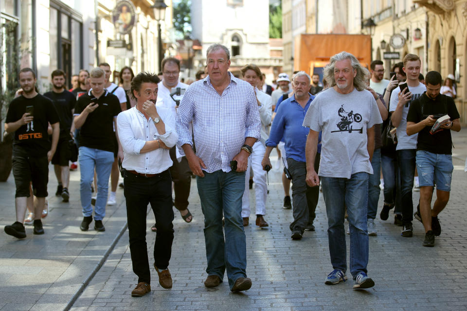 The Grand Tour stars, Jeremy Clarkson, Richard Hammond and James May, visit Cracow, Poland, while on tour filming the show. The Grand Tour is a British motoring television series, created by Jeremy Clarkson, Richard Hammond, James May, and Andy Wilman, made for Amazon exclusively for its online streaming service Amazon Prime Video which premiered in 2016. The programme was conceived in the wake of the departure of Clarkson, Hammond, May and Wilman from the BBC series Top Gear. (Photo by Vito Corleone/SOPA Images/LightRocket via Getty Images)