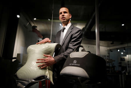 Gideon Waterman, Chief Technology Officer at Stemrad, touches a prototype of the company's new protective vest, Astrorad, during an interview with Reuters at Madatech, National Museum of Science Technology and Space in Haifa, Israel February 23, 2017. Picture taken February 23, 2017. REUTERS/Amir Cohen