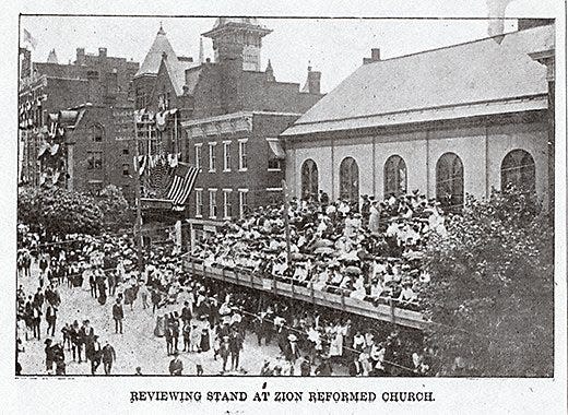 From its beginning, York County has celebrated its anniversaries. Three more major American Revolution anniversaries are ahead in the 2020s – plus a fourth one, if you count York County’s 275th anniversary in 2024. This scene might have been part of the 150th anniversary of York County festivities in 1899. The stand is on West Market Street. The church was located where the old Woolworth’s store stood for years – today it’s known as Zion United Church of Christ across from Penn Park. Those sitting on the stand were treated to several parades in that milestone anniversary.