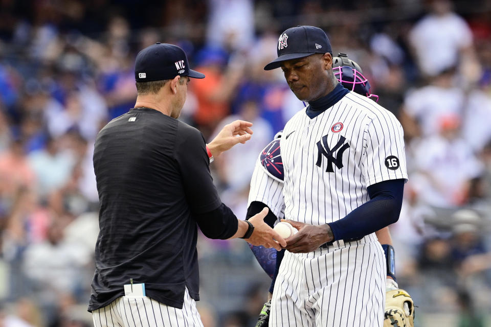 Aroldis Chapman's position as Yankees closer is tenuous right now. (Photo by Steven Ryan/Getty Images)