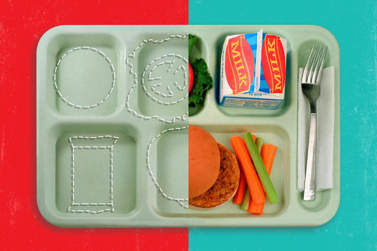 A photo illustration shows a school lunch tray with one half filled with food and the other half containing only the dotted outlines of the rest of the food.