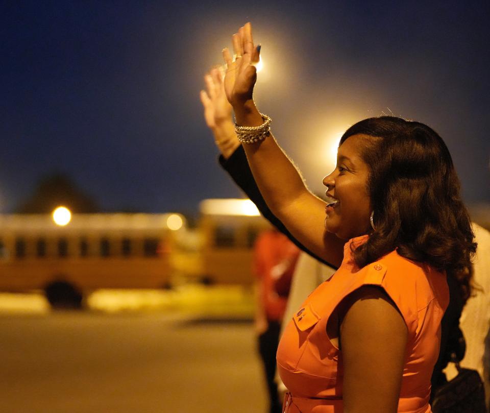 Angela Chapman, Columbus City Schools superintendent, joined school administrators and leadership Wednesday, Aug. 23, 2023 at the Frebis bus compound to send off school bus drivers as they headed out to pick up students on the first day of school for the entire district.