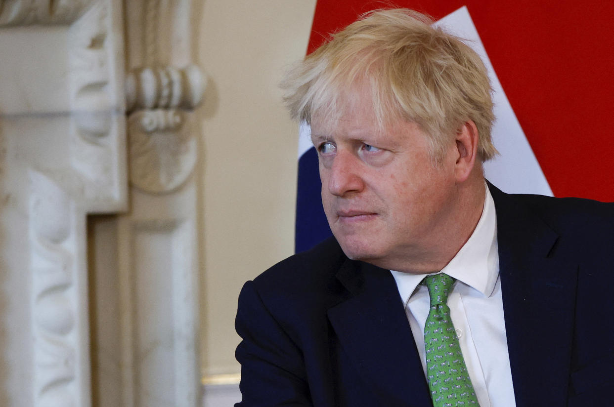 British Prime Minister Boris Johnson attends a meeting with New Zealand Prime Minister Jacinda Ardern at Downing Street, in London, Friday July 1, 2022. (John Sibley/Pool Photo via AP)