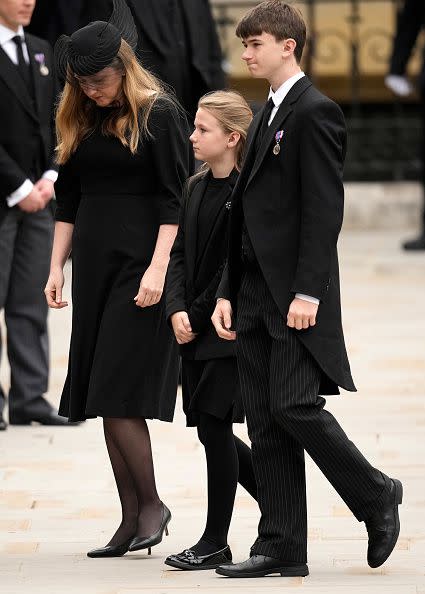 LONDON, ENGLAND - SEPTEMBER 19: Claire Windsor, Countess of Ulster, Lady Cosima Windsor and Xan Windsor, Lord Culloden arrive at Westminster Abbey ahead of the State Funeral of Queen Elizabeth II on September 19, 2022 in London, England. Elizabeth Alexandra Mary Windsor was born in Bruton Street, Mayfair, London on 21 April 1926. She married Prince Philip in 1947 and ascended the throne of the United Kingdom and Commonwealth on 6 February 1952 after the death of her Father, King George VI. Queen Elizabeth II died at Balmoral Castle in Scotland on September 8, 2022, and is succeeded by her eldest son, King Charles III.  (Photo by Christopher Furlong/Getty Images)