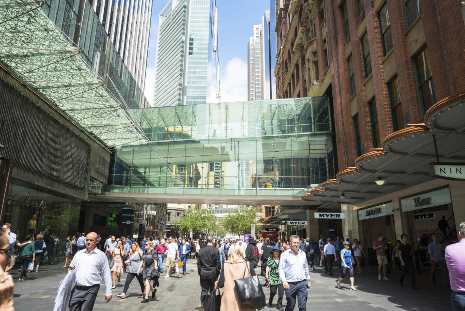 Pedestrianised shopping street Pitt Street Mall, Sydney, Australia. Image: Getty