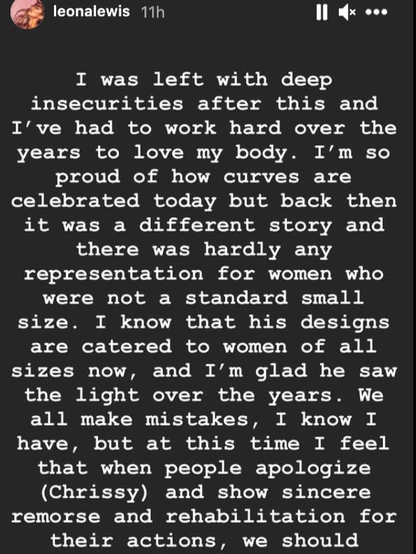 A screengrab of Leona Lewis’s Instagram story claiming designer Michael Costello ‘humiliated’ her (Instagram/screengrab)