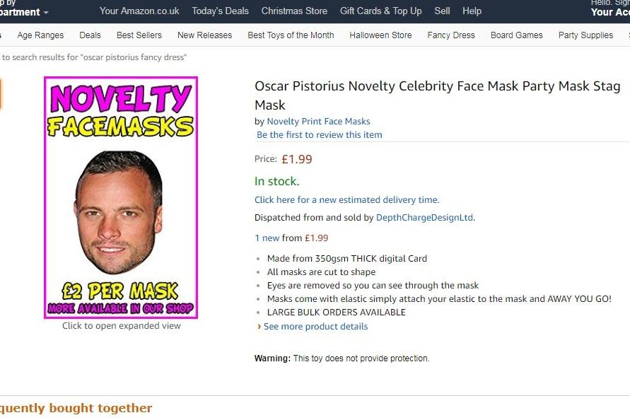 Amazon removed the 'stag party masks' of Pistorius' face shortly after (Amazon)