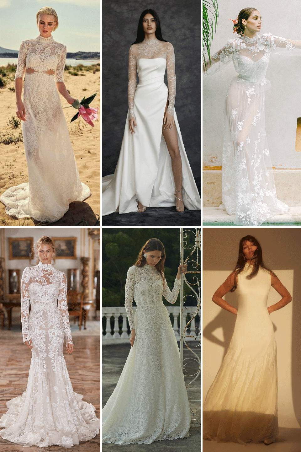 <p>Whether you're after a slim fit, an A-line, or a ball gown, these high-neck variations evoke the classicism of Grace Kelly on her wedding day, but with a modern flair. From lace to silk crepe and satin, this conservative-with-a-twist trend proves that regal comes in many forms and does not have to look matronly in the slightest. </p><p>Up the ante with a long, dramatic, lace-trimmed veil for an even larger impact—but when you do, chose one that still feels romantic and soft, rather than overwhelming.</p><p><em>Pictured: Costarellos Bridal Fall 2022; Dana Harel Bridal Spring 2022; Monique Lhuillier <em>Bridal</em> Fall 2022; Eisen Stein Bridal Fall 2022; Francesca Miranda Bridal Fall 2022; L'eto Bridal Spring 2022.</em></p>