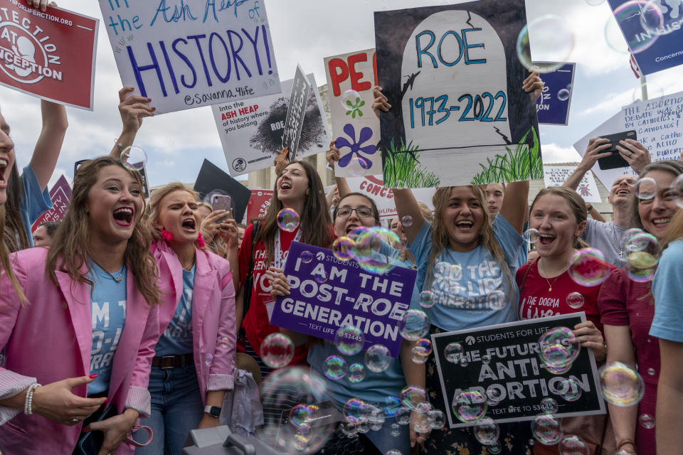 FILE - Anti-abortion protesters celebrate following Supreme Court's decision to overturn Roe v. Wade, federally protected right to abortion, outside the Supreme Court in Washington, Friday, June 24, 2022. (AP Photo/Gemunu Amarasinghe, File)