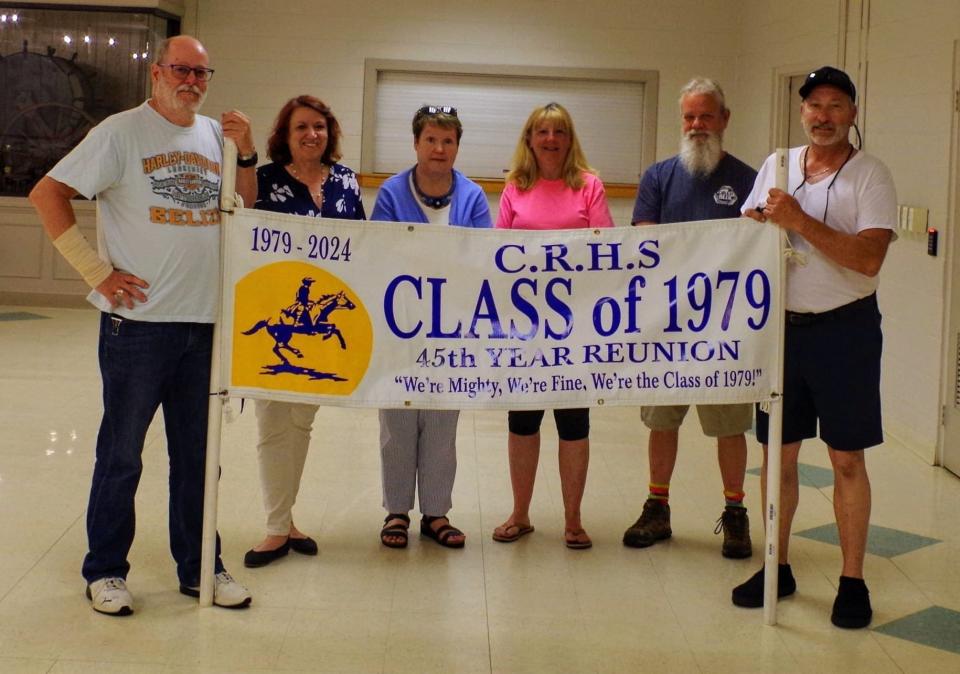 Left to Right: Gary Willis, Donna Wilkinson Josefowski, Regina Maffia Teat, Penny Boone Carroll, Garth Stubbolo, and Rick Johnson. Missing from photo: Robert Overmiller, Barbara Miller Conley, Danae Fields Buckson, and Susan Betts.