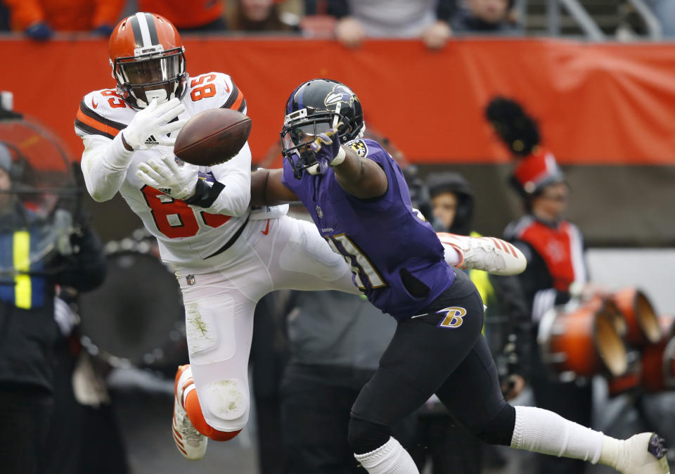 <p>Baltimore Ravens cornerback Anthony Levine (41) breaks up a pass intended for Cleveland Browns tight end David Njoku (85) during the first half of an NFL football game, Sunday, Dec. 17, 2017, in Cleveland. (AP Photo/Ron Schwane) </p>