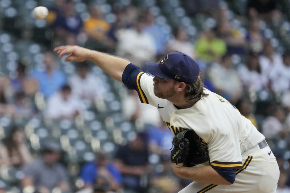 Milwaukee Brewers starting pitcher Corbin Burnes throws during the first inning of a baseball game against the Arizona Diamondbacks Monday, June 19, 2023, in Milwaukee. (AP Photo/Morry Gash)