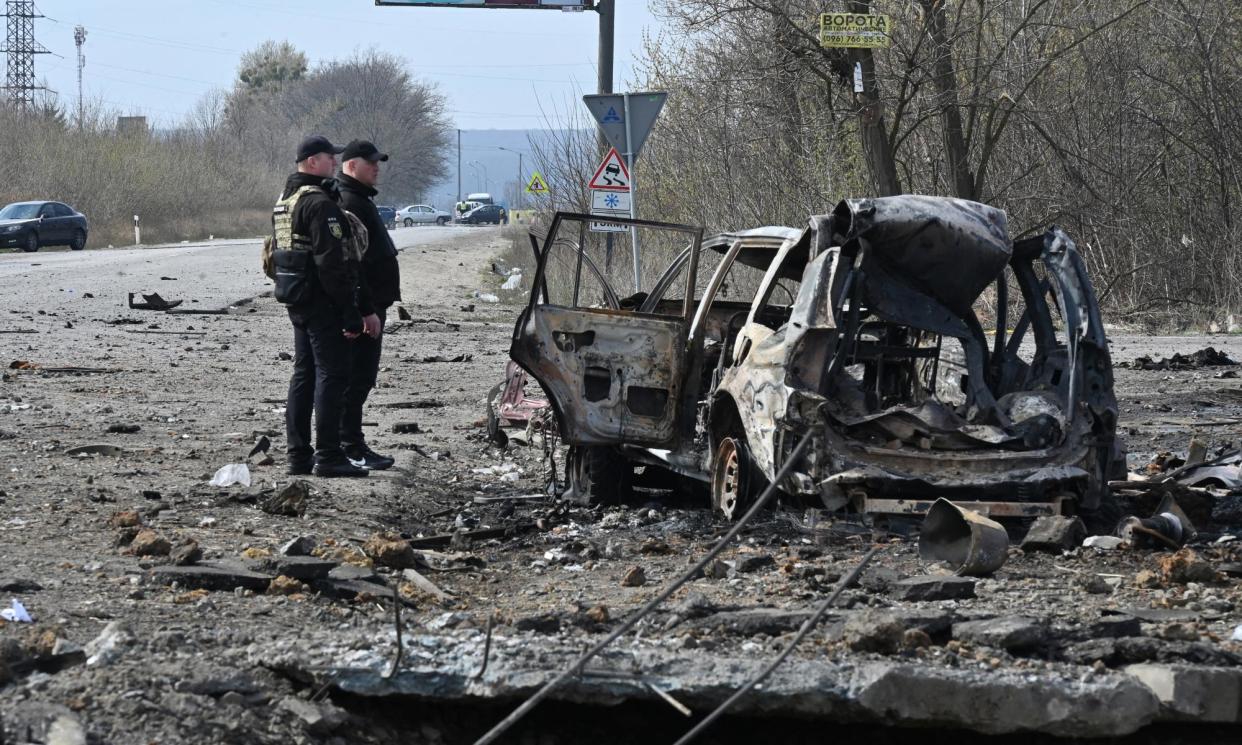 <span>A car destroyed in the missile strikes in Kharkiv on 6 April.</span><span>Photograph: Sergey Bobok/AFP/Getty Images</span>