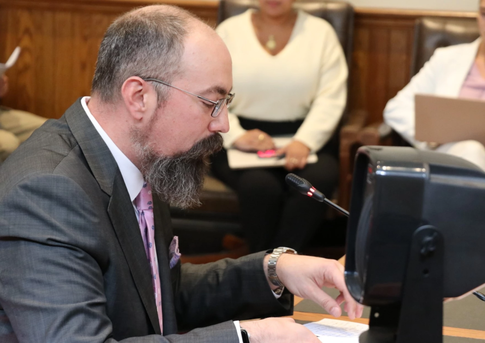 NH House Majority Leader Jason Osborne speaks in support of a bill to legalize and regulate recreational marijuana during a Senate Judiciary Committee hearing April 20, 2023. He is a prime sponsor of the bill.