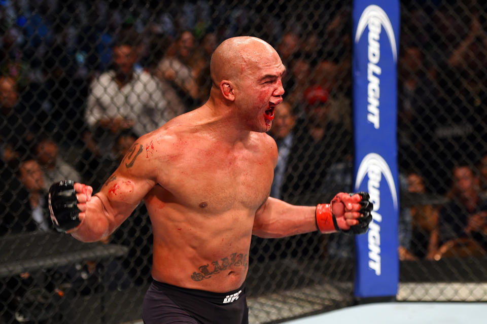 LAS VEGAS, NV - JULY 11:  Robbie Lawler reacts to his victory over Rory MacDonald in their UFC welterweight title fight during the UFC 189 event inside MGM Grand Garden Arena on July 11, 2015 in Las Vegas, Nevada.  (Photo by Josh Hedges/Zuffa LLC/Zuffa LLC via Getty Images)