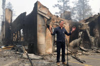 California Governor Gavin Newsom speaks at a press conference while touring areas damaged by the Glass Fire at Foothills Elementary School near St. Helena, Calif., Thursday, Oct. 1, 2020. (Christopher Chung/The Press Democrat via AP, Pool)