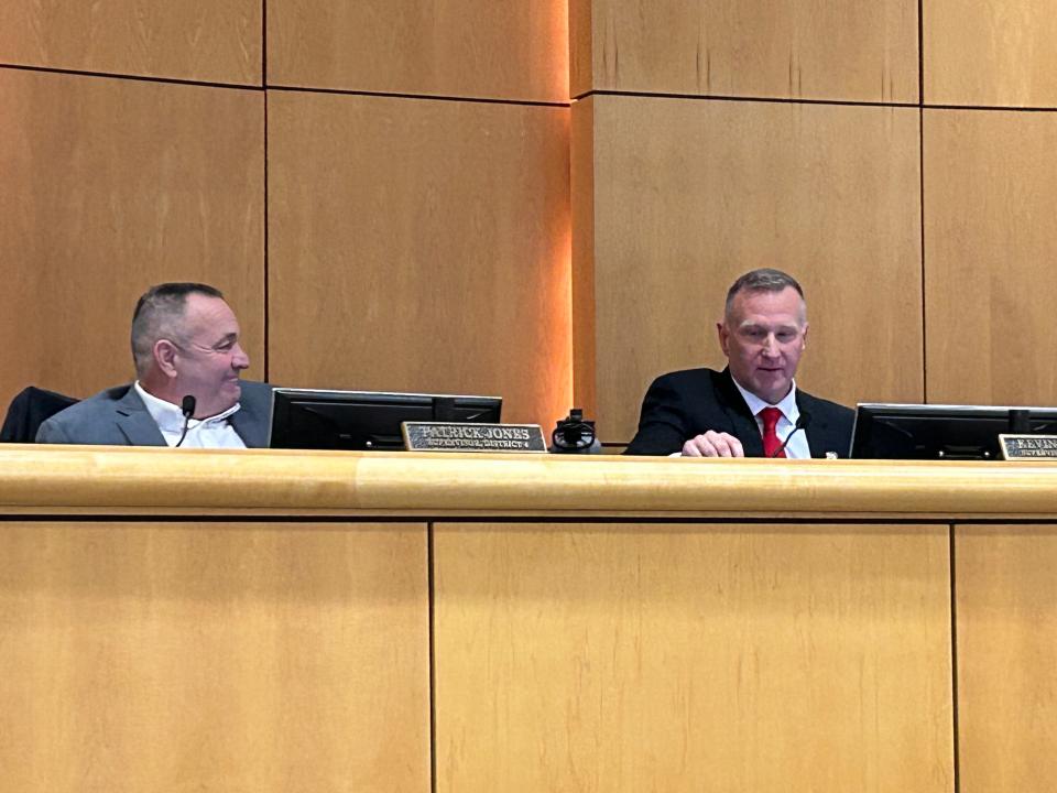 District 1 Supervisor Kevin Crye, right, gets ready to gavel Tuesday's Shasta County Board of Supervisors meeting as District 4 Supervisor Patrick Jones looks on. It was Crye's first meeting as board chairman.
