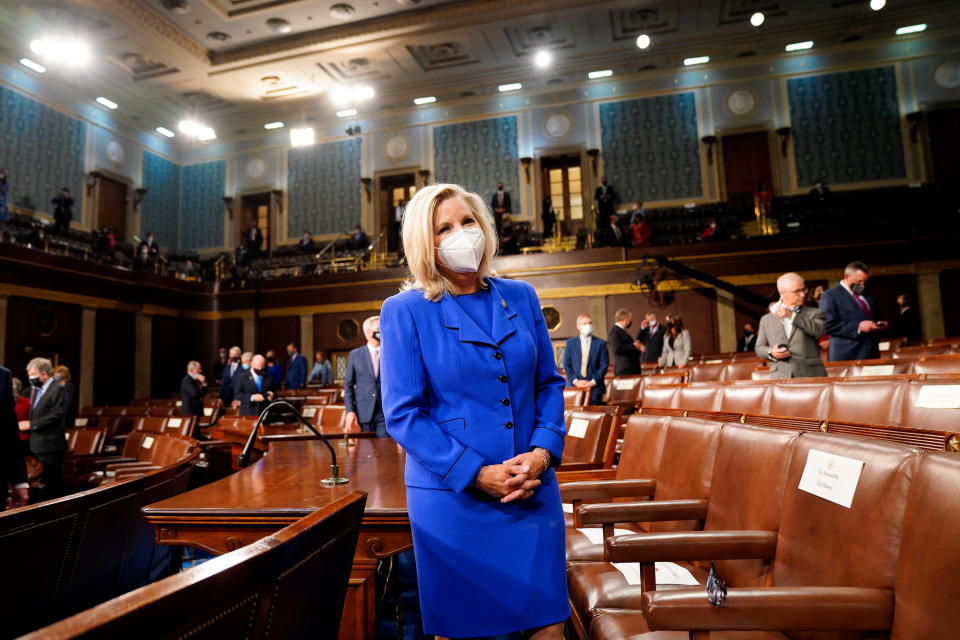 Rep. Liz Cheney (R-WY) waits for the arrival of President Joe Biden before he addresses a joint session of Congress in Washington, U.S., April 28, 2021.   Melina Mara/Pool via REUTERS