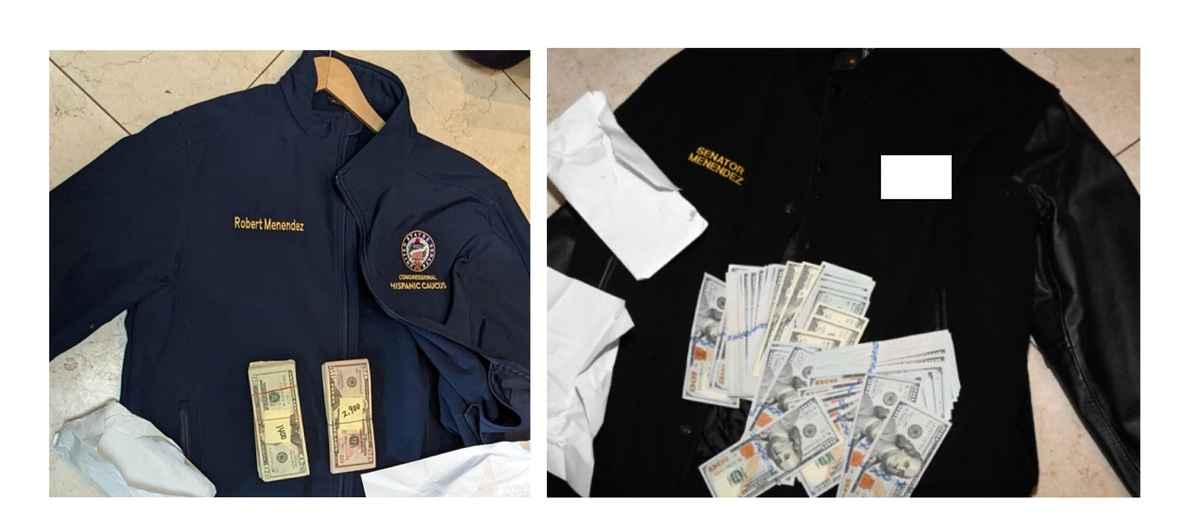 A federal indictment charging US Senator Robert Menendez with bribery and corruption includes photos of jackets bearing his name and stuffed with cash allegedly discovered by authorities. (US Department of Justice)