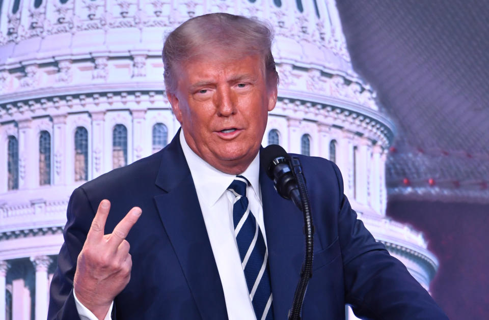 US President Donald Trump delivers remarks at the 2020 Council for National Policy Meeting at the Ritz Carlton in Pentagon City in Arlington, Virginia on August 21, 2020. (Photo by Nicholas Kamm / AFP) (Photo by NICHOLAS KAMM/AFP via Getty Images)