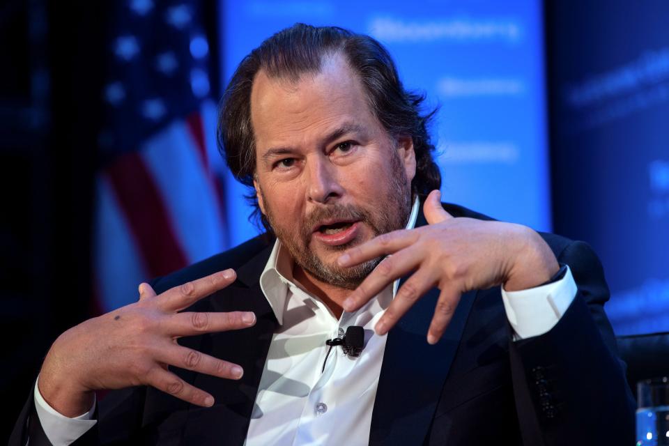 Marc Benioff, founder, chairman and co-CEO of Salesforce, speaks at an Economic Club of Washington luncheon in Washington, DC, on October 18, 2019. (Photo by NICHOLAS KAMM / AFP) (Photo by NICHOLAS KAMM/AFP via Getty Images)